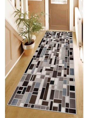 Mey İthalat Pelangi Geometrik Kare Blok Desenli Dijital Baskı Yıkanabilir Kaymaz Taban Etnik Kilim Desen Salon Halı, Açık-Koyu Kahve 80 x 200, 9555101011802007