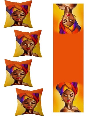 Mey İthalat Pelangi Afrika Kadın Salon Mutfak Masa Değişik Ranır Modelleri Dekoratif 4'lü Kırlent Kılıfı ve Runner Seti, Turuncu 40 x 140