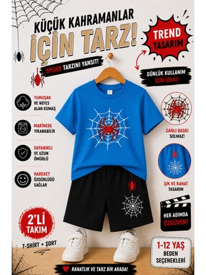 Overmax Örümcek Ağ Baskılı Çocuk Takım – Tişört & Şort 2’li Kombin | 1-12 Yaş Trend Yazlık Takım