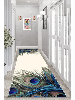 Mey İthalat Pelangi Tavuskuşu Tüyü Desenli Dijital Baskı Yıkanabilir Kaymaz Taban Modern Salon Halı ve Yolluk, Mavi-Krem 100 x 600, 95543991006007