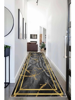 Mey İthalat Pelangi Mermer Desenli Gold Geçişli Yıkanabilir Kaymaz Taban Leke Tutmaz Modern Salon Halısı ve Yolluk, Siyah-Gold 80 x 400, 955549611804007