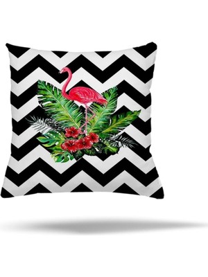 Mey İthalat Pelangi Geometrik Flamingo Çiçek Desen Gizli Fermuarlı Yastık Kılıfı Kırlent Kılıfı Koltuk Yastık Kılıfı, Siyah-Pembe 45 x 45
