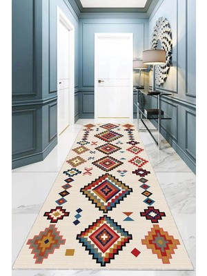 Mey İthalat Pelangi Kilim Desenli Etnik Dijital Baskı Yıkanabilir Kaymaz Taban Eskitme Salon Halı ve Yolluk, Krem-Kırmızı 100 x 500, 95543971005007