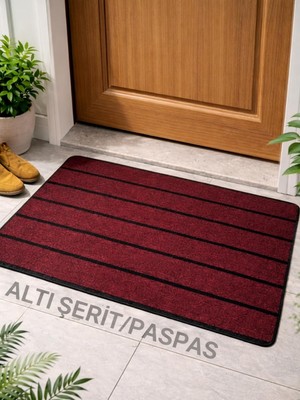 Mey İthalat Beylini Şerit Desenli Kapı Önü Paspası Kaymaz Taban Dayanıklı Su Geçirmez Emici Nem Toz Uv Dayanıklı 45X70CM (Bordo)