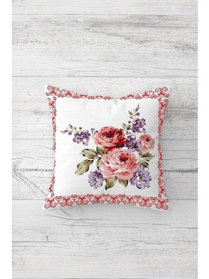 Mey İthalat Pelangi Renkli Gül Desenli Çift Tarafı Baskılı Gizli Fermuarlı Yastık Kılıfı Kırlent Koltuk Yastık Kılıfı, Nar Çiçeği-Mor 45 x 45