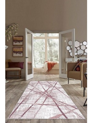 Mey İthalat Pelangi Lila Çizgili Desen Eskitme Yıkanabilir Kaymaz Taban Leke Tutmaz Modern Salon Halısı ve Yolluk, Pembe-Beyaz 120 x 200, 74571237120200728