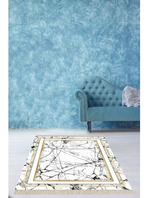 Mey İthalat Pelangi Beyaz Zemin Gold Çerçeveli Mermer Desenli Dijital Baskı Yıkanabilir Kaymaz Taban Salon Halısı Yolluk, Beyaz 160 x 350, 4254347160350728