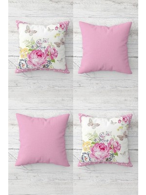 Mey İthalat Pelangi Gül Buketi ve Kelebek Vintage Gizli Fermuarlı Kırlent Kılıfı Koltuk Yastık Kılıfı TAKIM(4ADET), Pembe-Beyaz 45 x 45