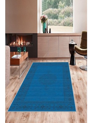 Mey İthalat Pelangi Mavi Çizgi Detaylı Yıkanabilir Kaymaz Taban Leke Tutmaz Modern Salon Halısı ve Yolluk, Mavi 40 x 40, 1358319404005