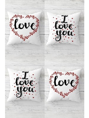 Mey İthalat Pelangi I Love You Yazılı Sevgili Temalı Gizli Fermuarlı Kırlent Kılıfı Koltuk Yastık Kılıfı TAKIM(4ADET), Siyah-Kırmızı-Beyaz 43 x 43