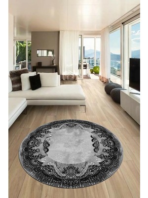 Mey İthalat Baskılı Kaymaz Yıkanabilir Renkli Klasik Desen Yuvarlak Salon Halısı Y-Klasik-08, Gri, 80 x 80