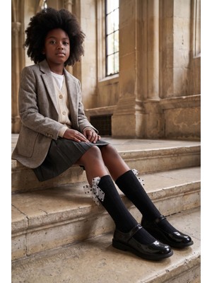 Bony Socks Kız Çocuk Puantiye Fiyonklu Siyah Dizaltı Okul Çorabı
