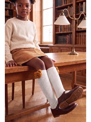 Bony Socks Kız Çocuk Ayıcık Detaylı Dizaltı Çorap Ekru