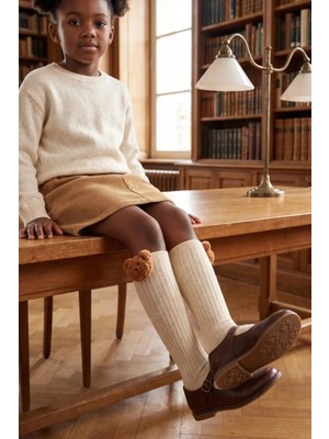 Bony Socks Kız Çocuk Ayıcık Detaylı Dizaltı Çorap Bej Melanj