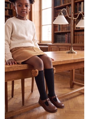 Bony Socks Kız Çocuk Ayıcık Aksesuarlı Siyah Dizaltı Okul Çorabı