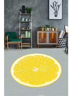 Mey İthalat Pelangi Sarı Limon Desenli Limonlu Desen Dijital Baskı Yıkanabilir Kaymaz Taban Yuvarlak Salon Halısı, Sarı 120 x 120