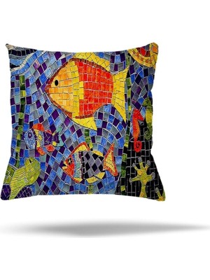Mey İthalat Pelangi Mozaik Desen Balıklı Gizli Fermuarlı Yastık Kılıfı Kırlent Kılıfı Koltuk Yastık Kılıfı, Turuncu-Mavi 45 x 45