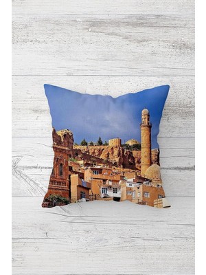 Mey İthalat Pelangi Manzara Cami Desenli Çift Tarafı Baskılı Gizli Fermuarlı Yastık Kılıfı Kırlent Koltuk Yastık Kılıfı, Mavi-Kiremit 45 x 45, 24691206745451