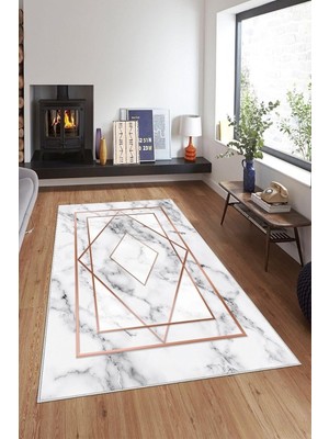 Mey İthalat Pelangi Beyaz Gold Işleme Mermer Yıkanabilir Kaymaz Taban Leke Tutmaz Modern Salon Halısı ve Yolluk, Beyaz-Gold 80 x 350, 135805080350728