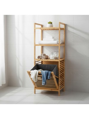 Mey İthalat Deconox Doğal Bambu 3 Katlı Banyo Rafı ve Çamaşır Sepeti Havluluklu Ahşap Düzenleyici (40X30X119 Cm)
