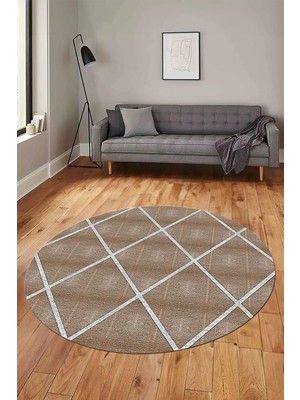 Mey İthalat Sade Desenli Baskılı Kaymaz Taban Yıkanabilir Yuvarlak Mutfak Salon Halısı Y-MODERN-116, Kahverengi, 60 x 60