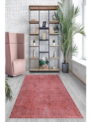 Mey İthalat Pelangi Kırmızı Zemin Çiçek Desenli Yıkanabilir Kaymaz Taban Leke Tutmaz Modern Salon Halısı ve Yolluk, Kırmızı-Gri 160 x 350, 74571057160350728