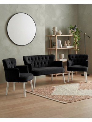 Azra Mobilya Roma 2+1+1 Babyface Kumaş Çay Seti Ev & Ofis Koltuk Takımı - Ahşap Beyaz Ayak - Siyah
