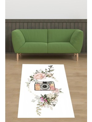 Mey İthalat Pelangi Fotograf Makinesi ve Çiçekler Yıkanabilir Kaymaz Taban Leke Tutmaz Salon Halısı, Beyaz-Pembe-Yeşil 80 x 400, 76470588040005