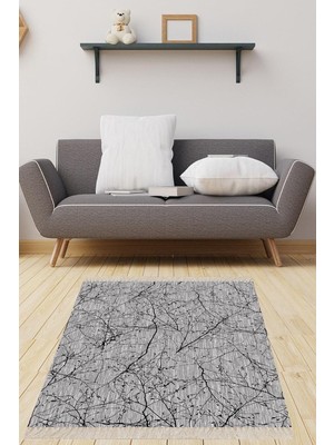 Mey İthalat Pelangi Gri Zemin Ağaç Desenli Dijital Baskı Yıkanabilir Kaymaz Taban Modern Salon Halısı ve Yolluk, Gri-Siyah 60 x 120