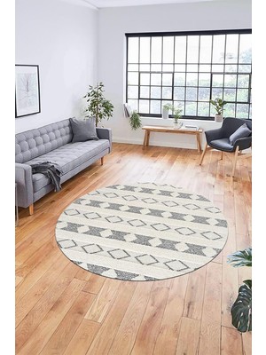 Mey İthalat Baskılı Kaymaz Yıkanabilir Kilim Desen Yuvarlak Mutfak Halısı Salon Halısı Y-Modern-64, Krem Rengi, 160 x 160
