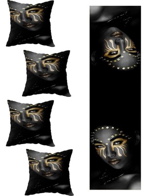 Mey İthalat Pelangi Siyahi Kadın Salon Mutfak Masa Değişik Ranır Modelleri Dekoratif 4'lü Kırlent Kılıfı ve Runner Seti, Siyah-Sarı-Gold 40 x 140