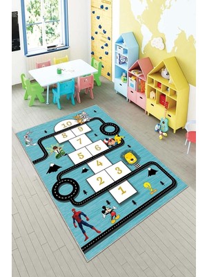 Mey İthalat Pelangi Mavi Seksek Desenli Eğitici Yıkanabilir Kaymaz Taban Leke Tutmazbebek ve Çocuk Odası Halısı, Mavi-Siyah 180 x 300