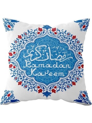 Mey İthalat Pelangi Etnik Desen Ramazan Temalı Çift Taraflı Gizli Fermuarlı Yastık Kılıfı Kırlent Koltuk Yastık Kılıfı, Mavi-Beyaz 43 x 43