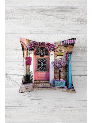 Mey İthalat Pelangi Kapı Önü Manzaralı Çift Tarafı Baskılı Gizli Fermuarlı Yastık Kılıfı Kırlent Koltuk Yastık Kılıfı, Pembe-Mavi 45 x 45