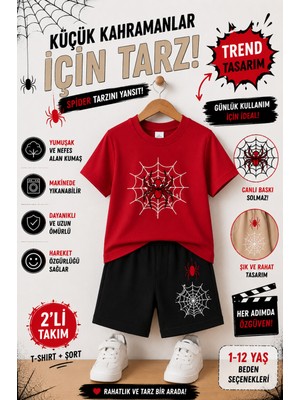 Overmax Örümcek Ağ Baskılı Çocuk Takım – Tişört & Şort 2’li Kombin | 1-12 Yaş Trend Yazlık Takım