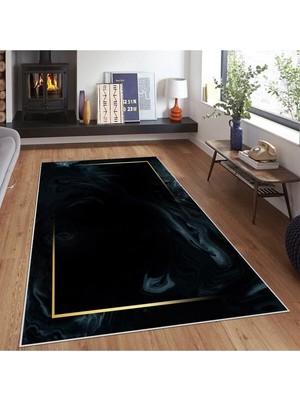 Mey İthalat Pelangi Siyah Zemin Gold Şerit Desenli Yıkanabilir Kaymaz Taban Leke Tutmaz Modern Salon Halısı ve Yolluk, Siyah-Gold 80 x 50, 74571133805005