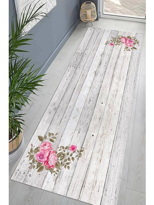 Mey İthalat Pelangi Ahşap Desenli Çiçekli Dijital Baskı Yıkanabilir Kaymaz Taban Leke Tutmaz Vintage Salon Halısı Yolluk, Pembe-Gri 60 x 120, 955512811601207
