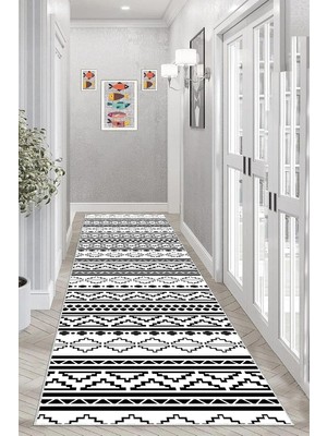 Mey İthalat Pelangi Geometrik Çizgi Desenli Dijital Baskı Yıkanabilir Kaymaz Taban Etnik Kilim Desen Salon Halı, Siyah-Beyaz-Gri 80 x 250, 9554146802507