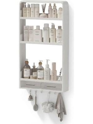 Mey İthalat Premium Yapışkanlı Duvar Rafı Organizer, Banyo Mutfak Rafı, 70X40X10 Cm, Çekmeceli, Kancalı, Suya Dayanıklı, Delme Gerektirmez