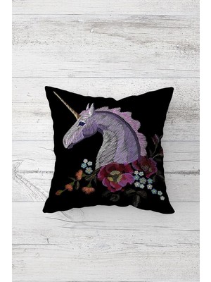 Mey İthalat Pelangi Ünicorn At Desenli Çift Tarafı Baskılı Gizli Fermuarlı Yastık Kılıfı Kırlent Koltuk Yastık Kılıfı, Siyah-Lila 45 x 45