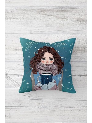 Mey İthalat Pelangi Kış Ayında Kahve I?çen Kız Çift Tarafı Baskılı Gizli Fermuarlı Yastık Kılıfı Kırlent Yastık Kılıfı, Mavi 45 x 45, 2469152645451