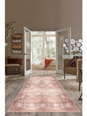 Mey İthalat Pelangi Kahverengi Zemin Osmanlı Desenli Yıkanabilir Kaymaz Taban Leke Tutmaz Modern Salon Halısı ve Yolluk, Kahverengi 100 x 150, 7457123210015005
