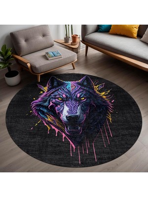 Mey İthalat Latte Dizayn Wolf Gamer Halısı Şönil Pamuk Tabanlı Kaymaz Yıkanabilir Yuvarlak Gaming Oyuncu Odası Halısı 120X120