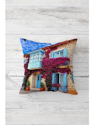 Mey İthalat Pelangi Bodrum Evleri Çift Tarafı Baskılı Gizli Fermuarlı Yastık Kılıfı Kırlent Koltuk Yastık Kılıfı, Mavi-Fuşya 45 x 45, 2469110445451