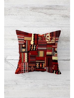 Mey İthalat Pelangi Etnik Kilim Motifli Patchwork Çift Taraflı Gizli Fermuarlı Yastık Kılıf Kırlent Koltuk Yastık Kılıfı, Bordo 45 x 45