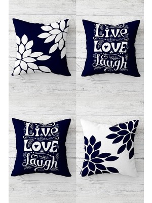 Mey İthalat Pelangi Live Love Laugf Çiçek Desenli Gizli Fermuarlı Kırlent Kılıfı Koltuk Yastık Kılıfı TAKIM(4ADET), Lacivert-Beyaz 45 x 45