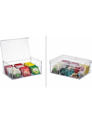 Mey İthalat Şeffaf Kapaklı 6 Bölmeli Organizer Kutusu – Çay, Takı, Baharat, Aksesuar ve Küçük Eşyalar Için Düzenleyici Kutusu – 23×14×9 cm
