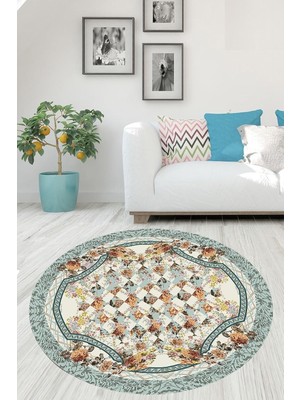 Mey İthalat Pelangi Çiçek Desenli Patchwork Dijital Baskı Yıkanabilir Kaymaz Taban Yuvarlak Salon ve Hol Halısı, Mavi-Kahve 100 x 100