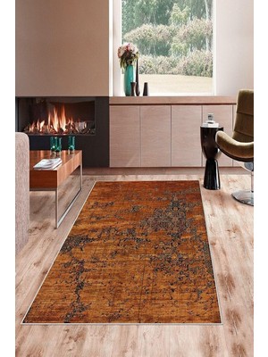 Mey İthalat Pelangi Kahverengi Nakış Desenli Yıkanabilir Kaymaz Taban Leke Tutmaz Modern Salon Halısı ve Yolluk, Kahverengi 100 x 300