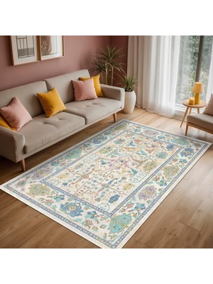 Mey İthalat Latte Dizayn Sunse Vintage Desenli Şönil Pamuk Tabanlı Yıkanabilir Kaymaz Antibakteriyel Salon Halısı 80X150